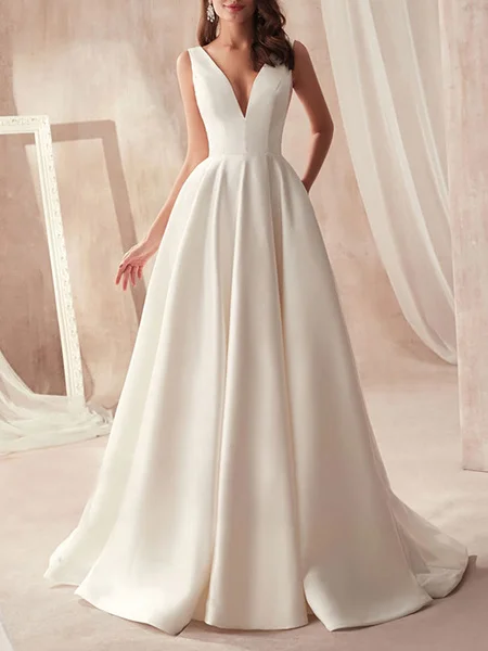 

vintage wedding dresses 2020 a line v neck sleeveless floor length pleat bridal gowns with train