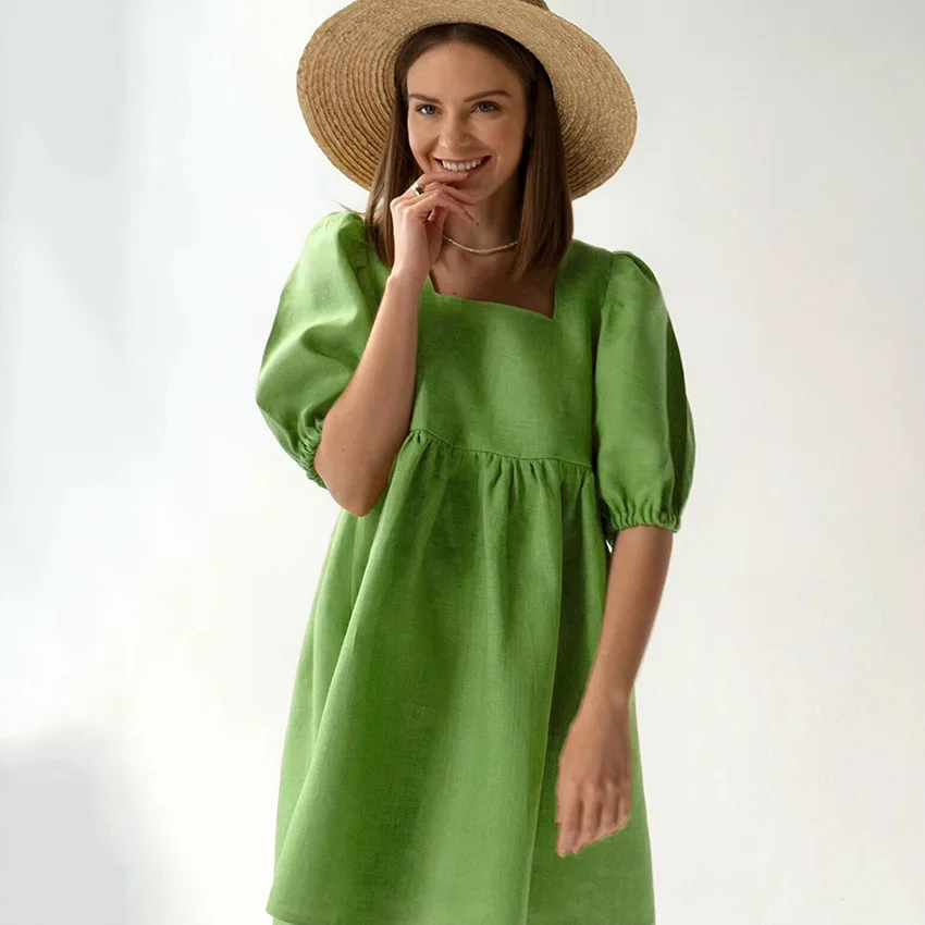 

New Style Summer Puff Sleeve Square Neck A-Line Skirt Women'S Pleated Design High Waist Cotton Linen Dress