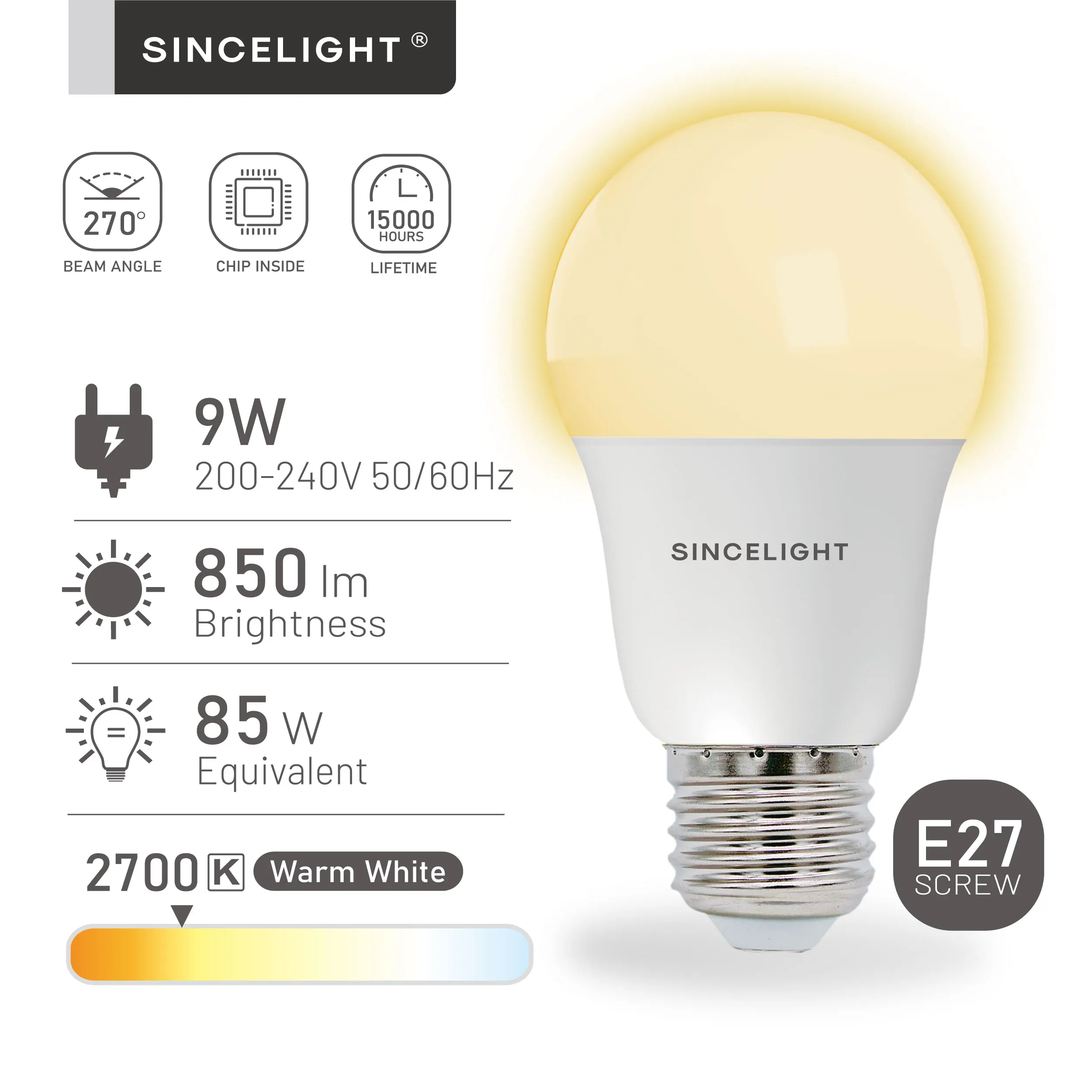 

6pcs/Pack,E27 A60 LED Lights Bulb 9W Warm White 230V 2700K( 270° Beam Angle / Small Edison Screw/Led Light for Home decoration)
