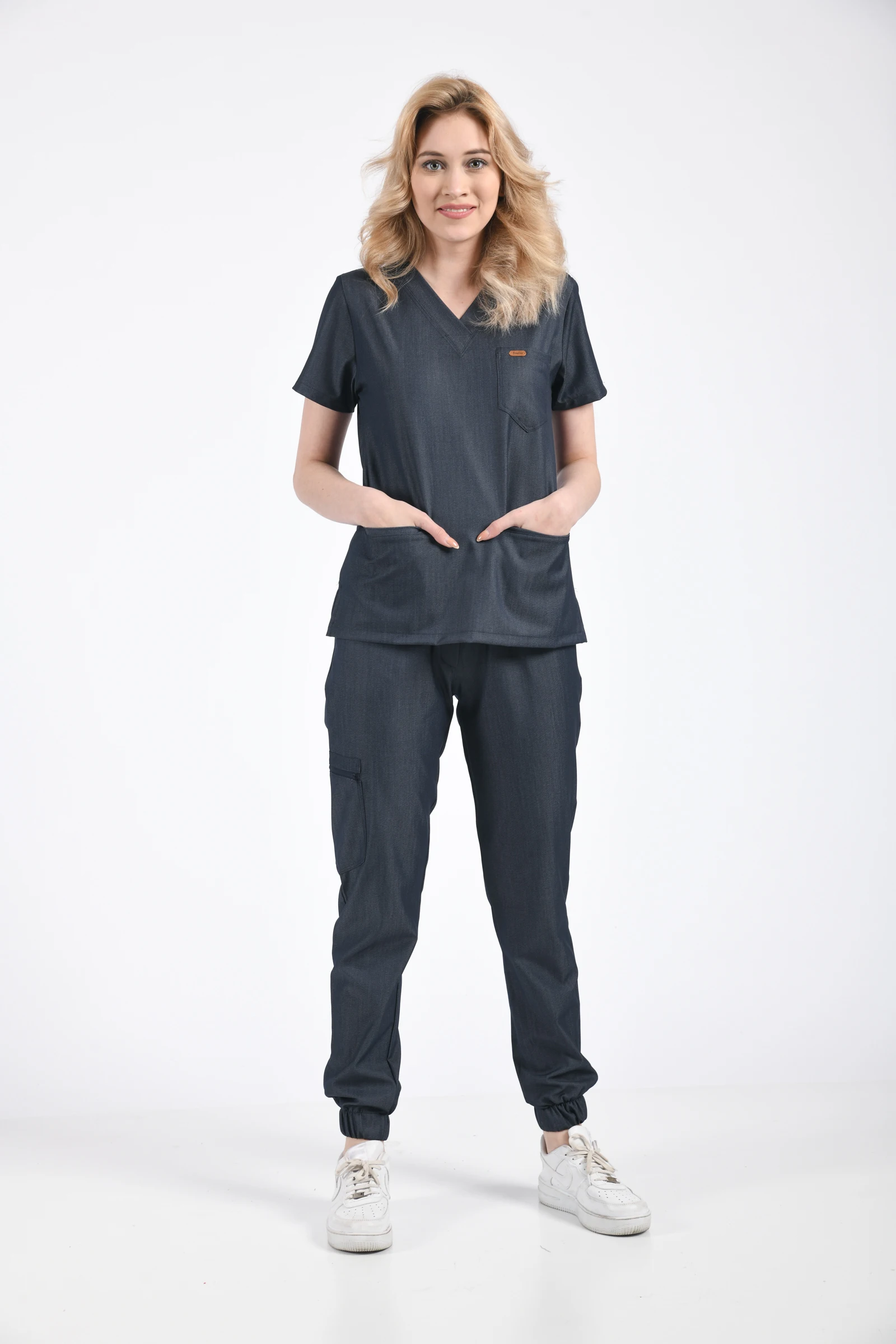 

Nurse Uniform Women Denim Color Lycra Jogger Surgical Jersey Clothing Working Uniform Short Sleeve V-Neck Nursing T-shirt