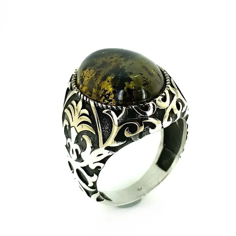 Оригинальное серебряное мужское кольцо ручной работы из янтаря|Кольца| |