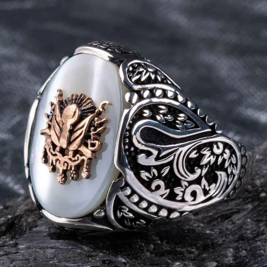 Ottoman Coat of Arms White Pearl Stone 925 Sterling Silver Ring for Men Quality Elegant Luxury Impressive Perfect Charming New