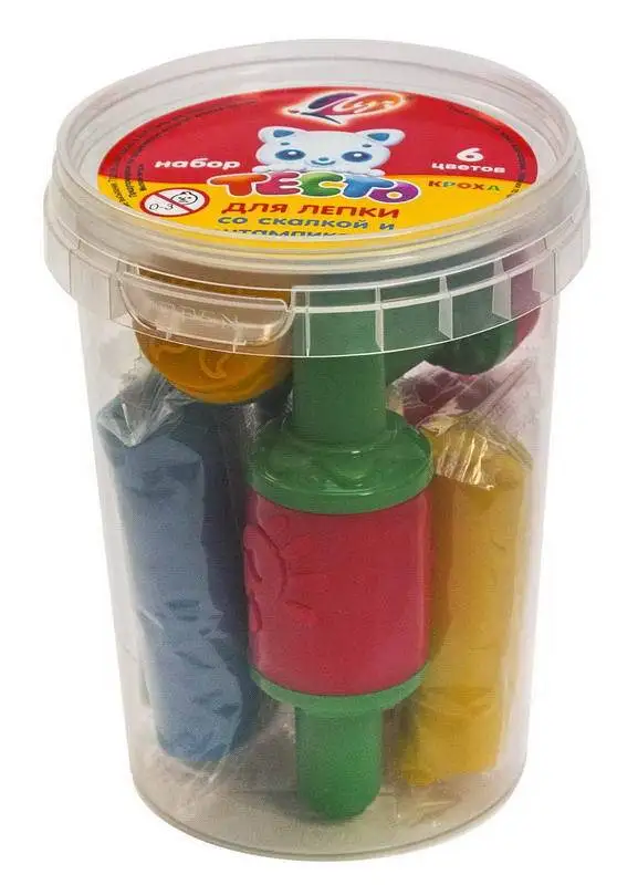 Тесто для лепки со скалкой и штампиками&quot (6 цветов + штампики 3 шт) в банке ЛУЧ
