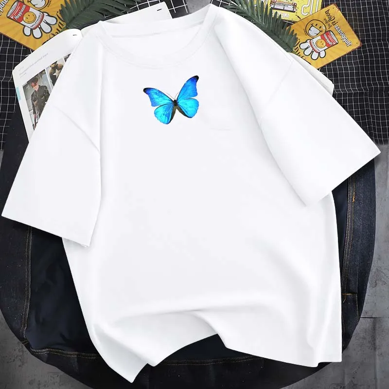 

Summer Hot Sale Blue Butterfly Printed T-Shirt Unisex O-Neck Pure Cotton Harajuku Top 14 Color Daily Casual Short Sleeve