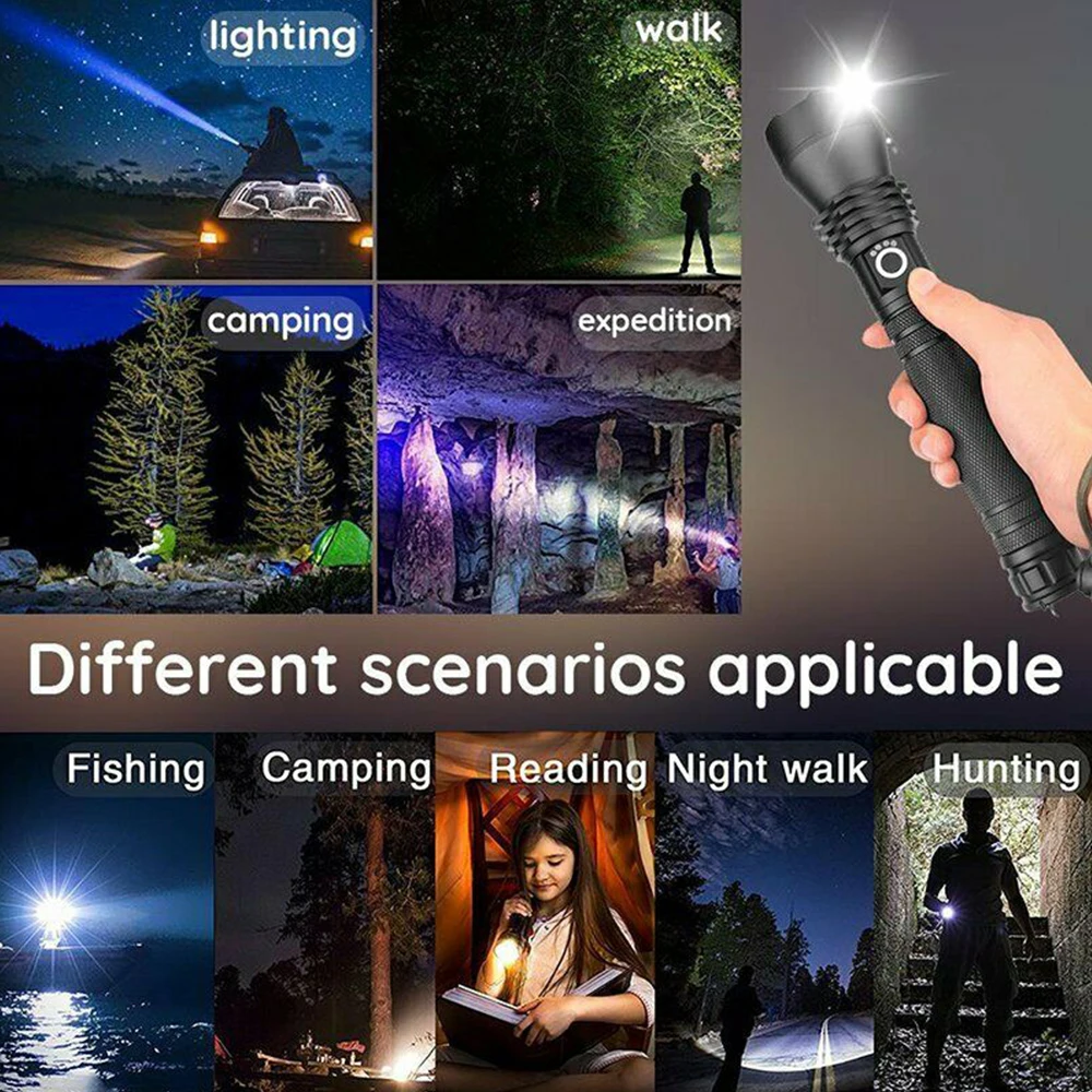 

Super Bright LED Zoom Powerful Flashlight USB Charging Builtin Battery Adjustable Waterproof Torch Lantern Lamp Outdoor Lighting