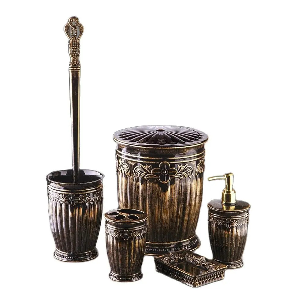 

5 Pieces Antique Sultan Series Patterned Striped Bathroom Set Toothbrush Soap Dispenser Cleaning Brush Trash Can Organizer Acces
