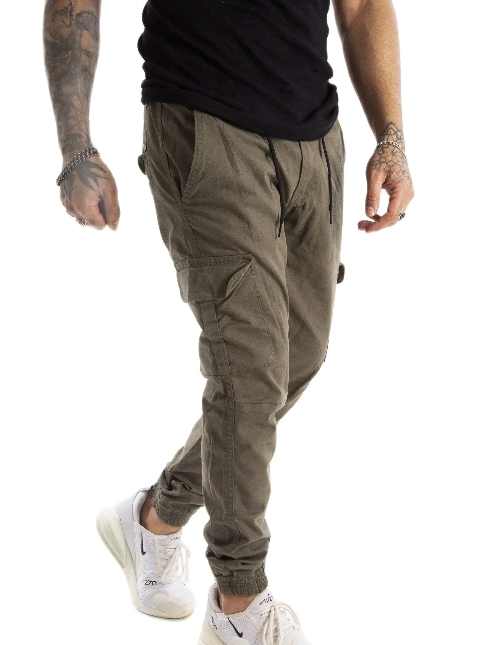 

DeepSEA Male Light Khaki Slim Fit Cargo Pants Bell-Bottomed and Elasticized Waist Military Tactical SWAT Joggers Casual Street Wear 1601569