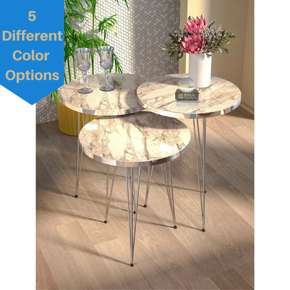 Modern Zigon Nesting Coffee Table Set Of 3 High Gloss Round Wood Silver Tables With Silver Metal Legs for Living Room