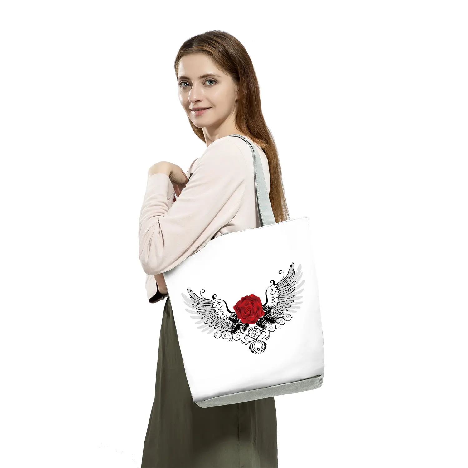 New Fashion Floral Women Black Handbags Red Rose Musical Note Print Tote Graphic Shoulder Bag Female Ladies Casual Shopping Bag