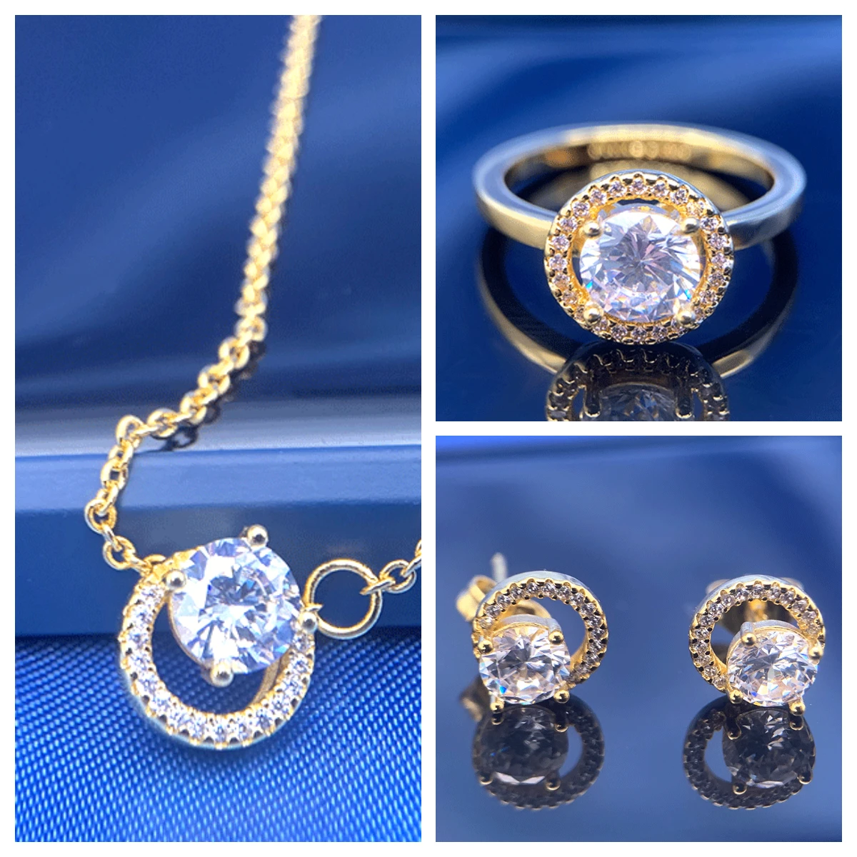 

2022 New Mother's Day Gold-colored Diamond Star Sparkling Set Series Sparkling Round Halo Necklace Earrings Ring Holiday Gift