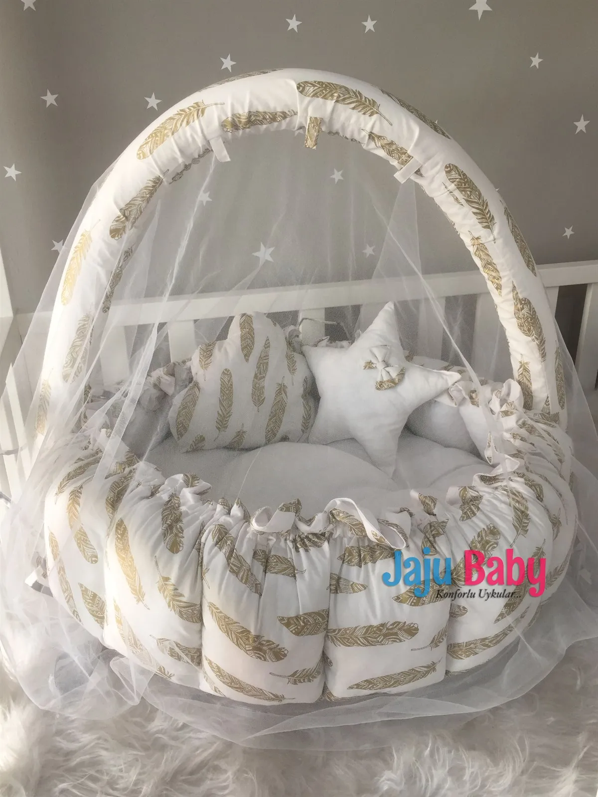 Jaju Baby Handmade Gold Feather Pattern Design Lux Play Mat Babynest Mosquito Net Tulle Toy Apparatus Set
