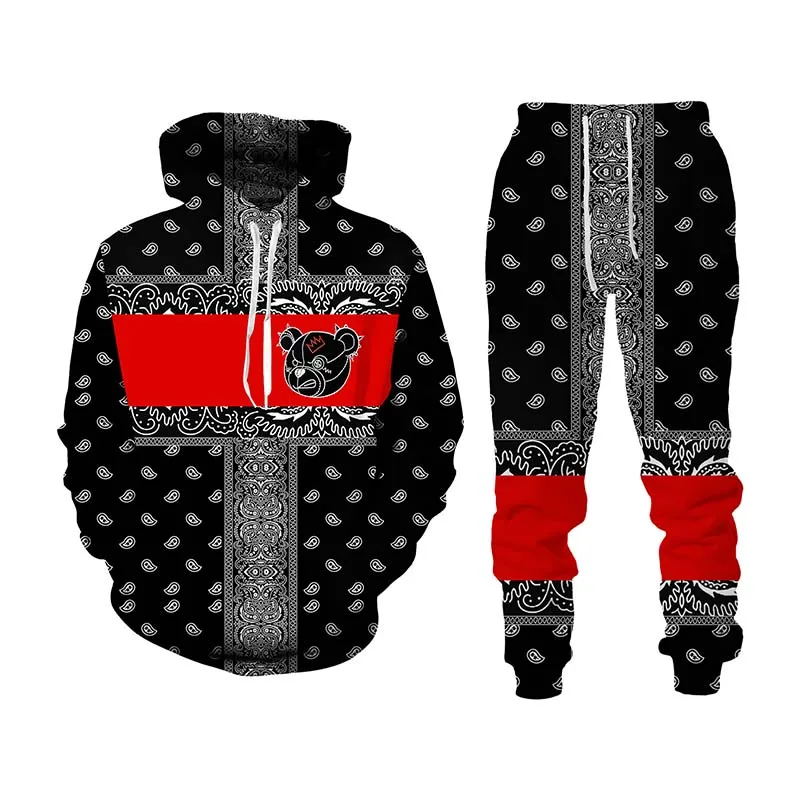 

Spring and Autumn Hip-hop Cool 3D Bear Print Sweater and Trousers Two-piece Suit