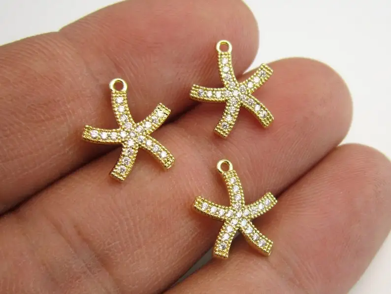 

6pcs Dainty star earring charm, cz pave sea star pendant, Huggie hoop charms, Necklace pendant, Real 14K gold plated G053