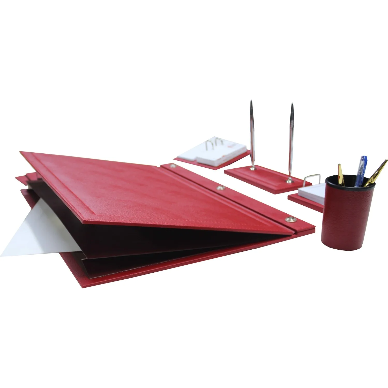 Office Desk Pad Set Red Modern Design 7 Pcs Notepad Organizer Dual Pen Holder & 2 Pens Pen Holder 4 Coasters File Storage