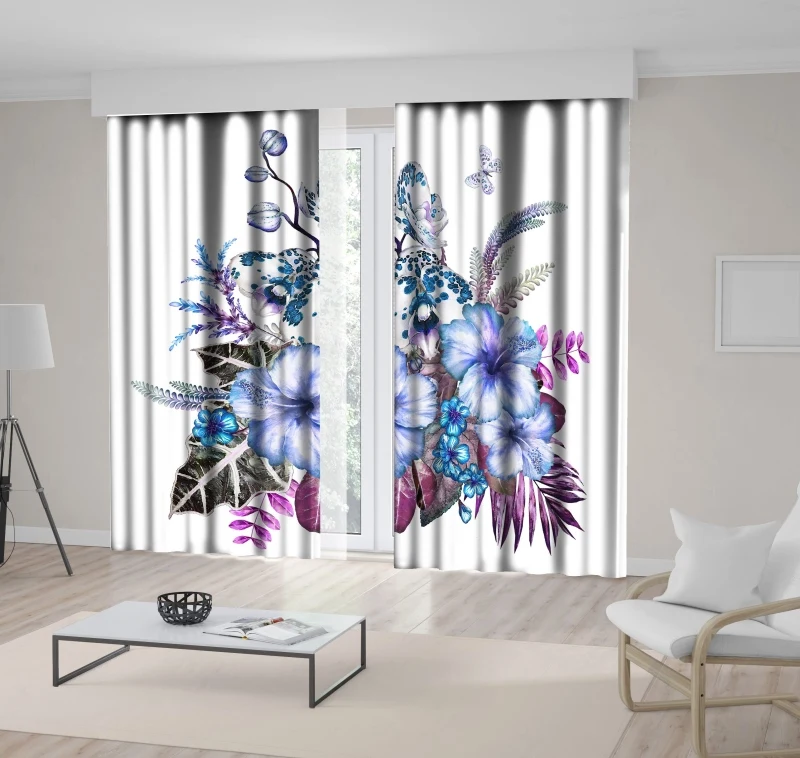 Штора Орхидея букет из гибискуса цветов листья бабочки и почки экзотическая