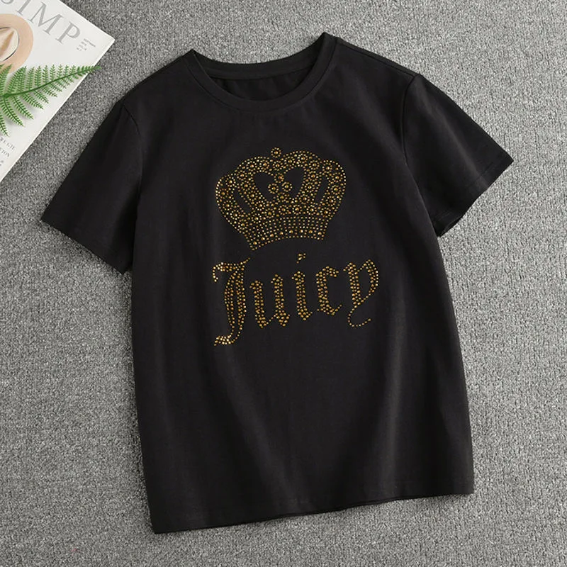 

Spring/Summer Cotton Short-sleeved Diamond-Studded Letter T-shirt Women's Round Neck Loose Women's Cropped Top