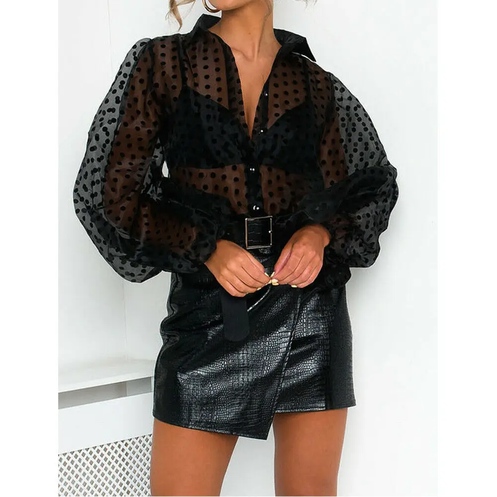 Женская прозрачная сетчатая блузка Свободная с рукавами фонариками мешковатая