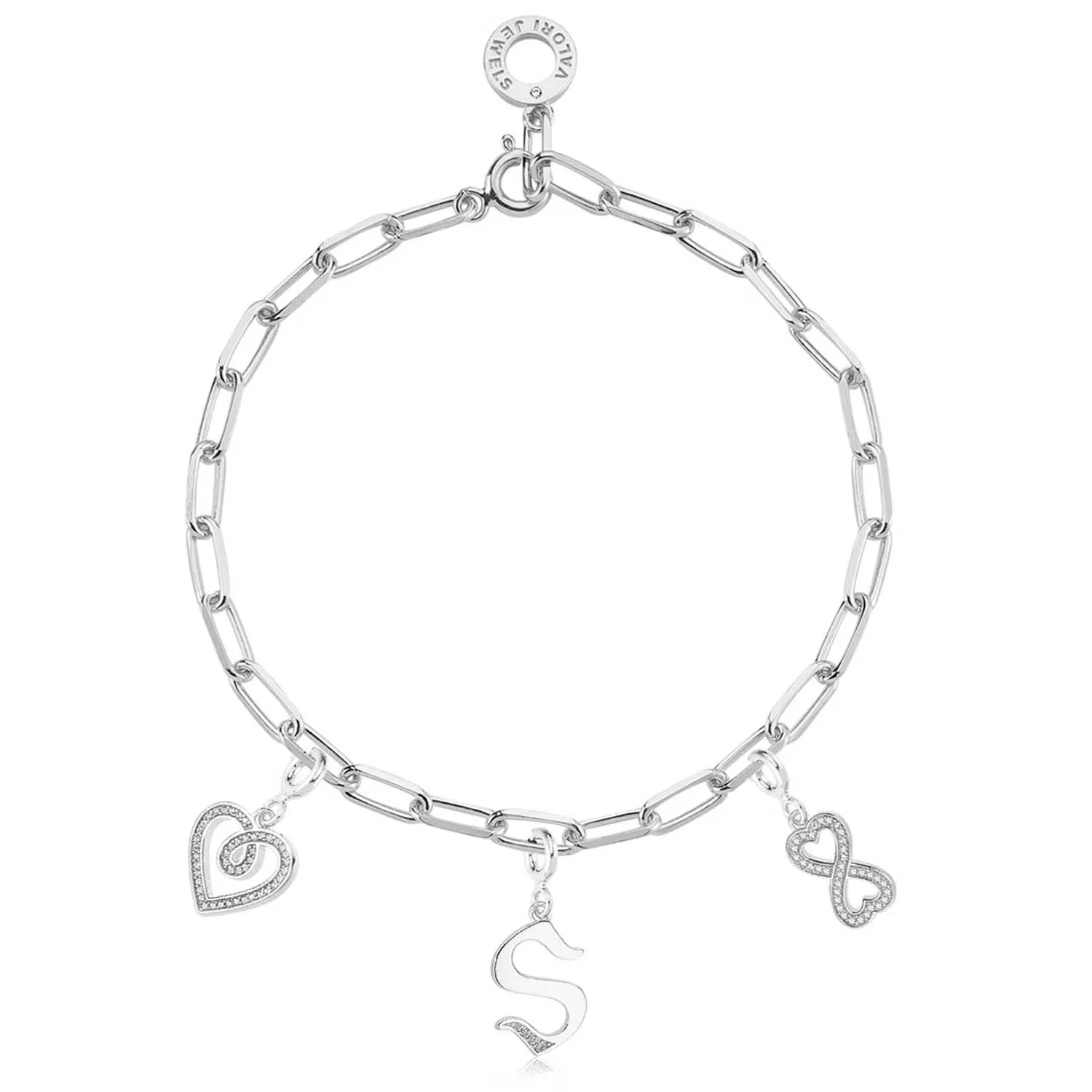 

Valori Jewels Letter And Heart And Infinity, Zirconia Gemstone, Rhodium Plated, Sterling Silver Charm Bracelet