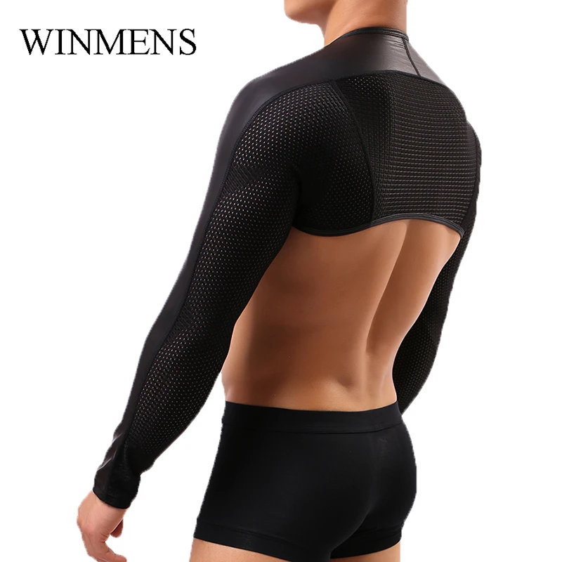 

Men's Short Crop Tops Black PU Leather Mesh Long Sleeves Funny Wrestling Shirts Tights Elastic