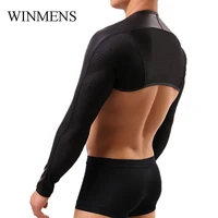 mens short crop tops black pu leather mesh long sleeves funny wrestling shirts tights elastic