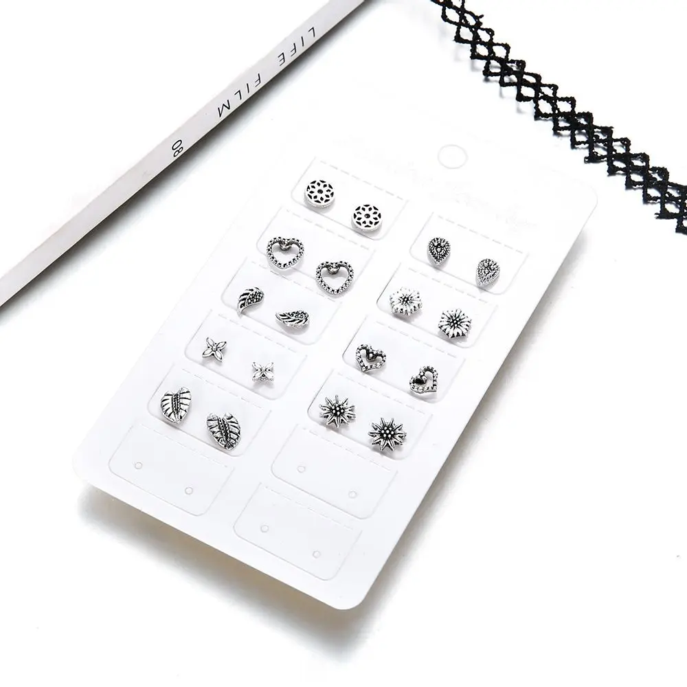 

9 Pairs/lot Unique Design Vintage Punk Small Stud Earrings Set Lotus Heart Wings Leaf Stud Earrings Set Party Jewelry For Women