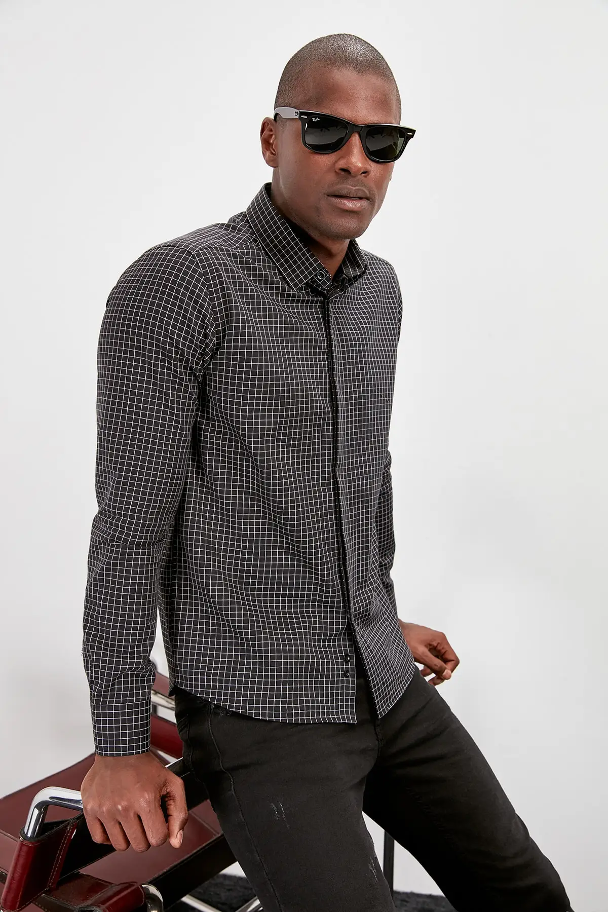 Trendyol Мужской Классический воротник скрытая планка Slim Fit с длинными рукавами