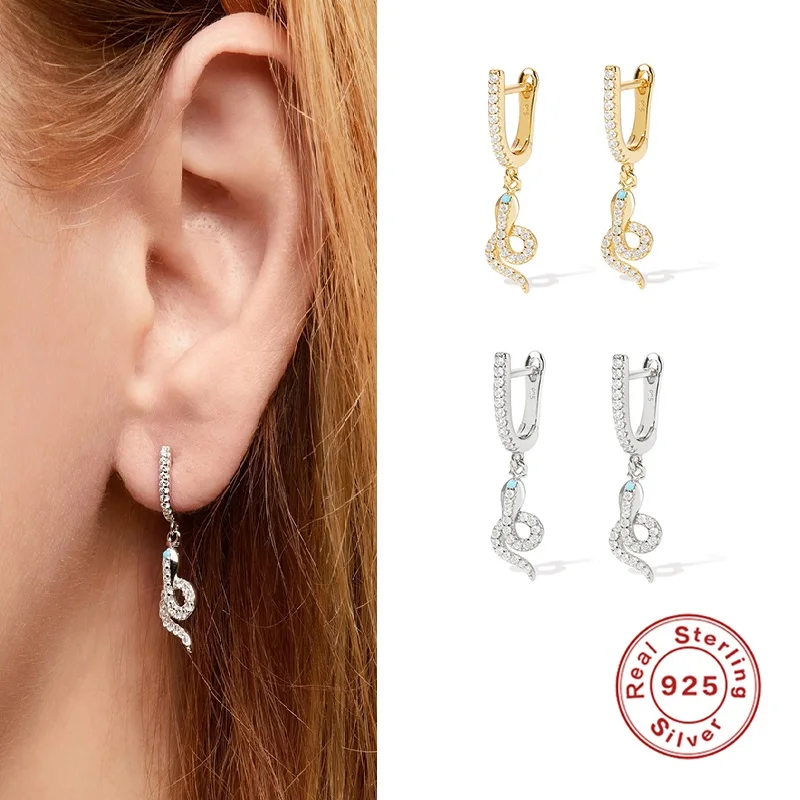 

NEW U Type Zircon Earrings For Women Girl Snake Shape Gold Silver Drop Pendientes Brincos Button with S925 Stamp Earrings