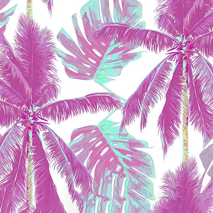 

Curtain Tropical Palm Trees Leaves Against Sky Exotic Beach Nature Retro Colors Photo Printed Purple Green