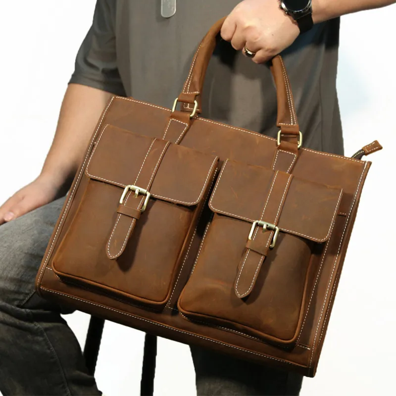Vintage Crazy Horse Leather Handbag for Men Laptop Bag Male High Quality Genuine Leather Briefcase Men's Shoulder Messenger Bag