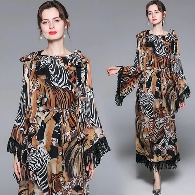 Праздничное Стильное женское Повседневное платье с принтом тигра и кисточками