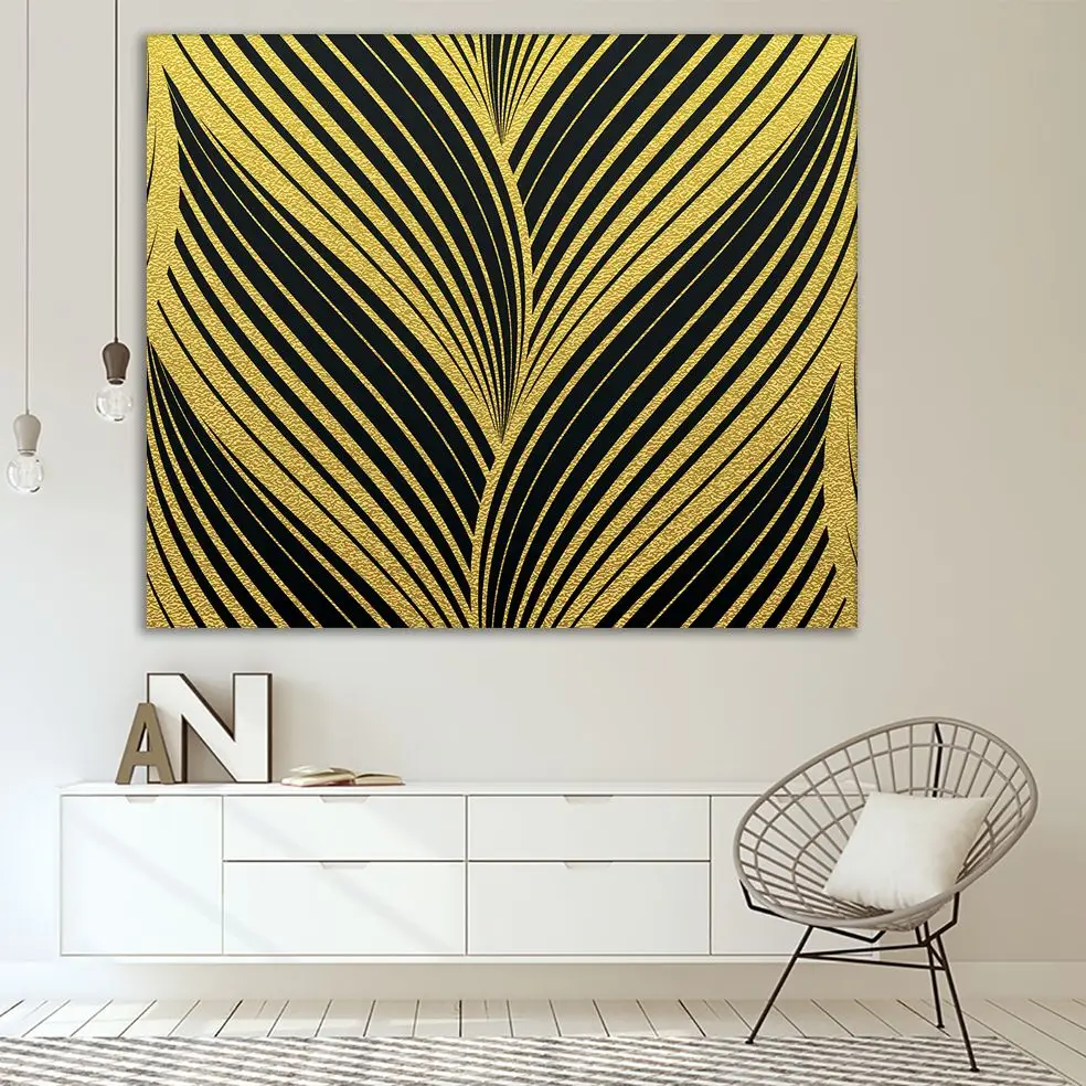 Гобелен Золотой лист узор на черном фоне Абстрактные Волны пышные линии стильные