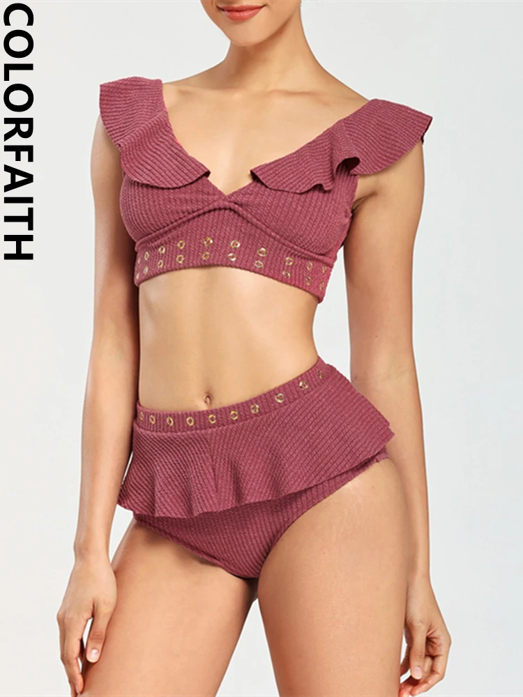 

Colorfaith New 2022 Sexy Bikini Beachwear Bra Padding Bathing Ruffles Girl Summer Suits Women's Two Pieces Swimsuits SM9067AB