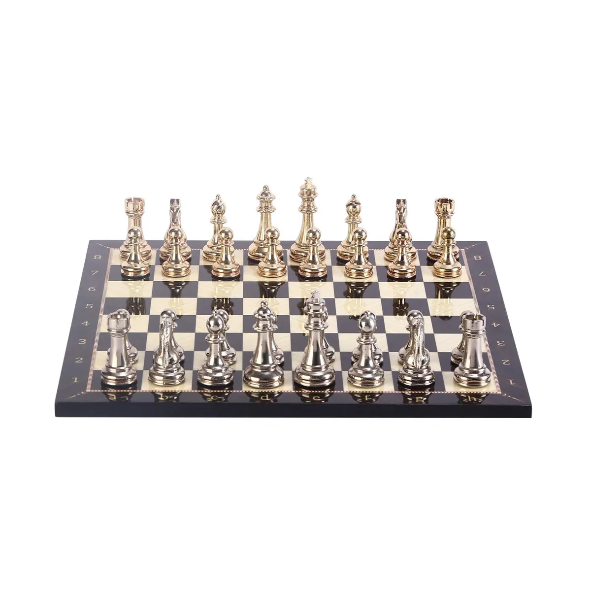 

Шахматный набор (средний размер), классические металлические блестящие камни и ореховая искусственная деревянная шахматная доска (37x37 см.)