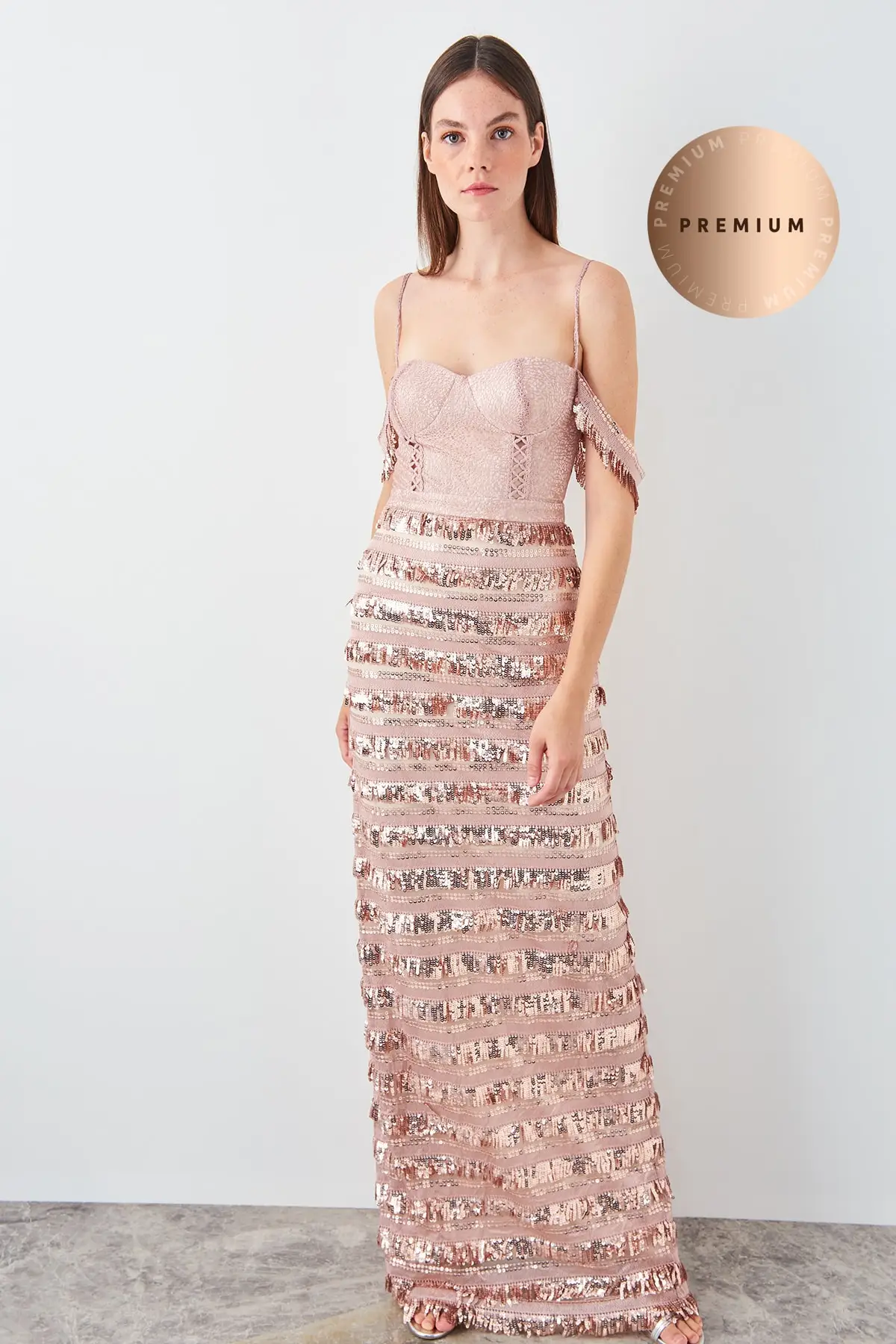 Trendyol блесток кисточкой деталь вечернее платье TPRSS19AE0115|Вечерние платья| |