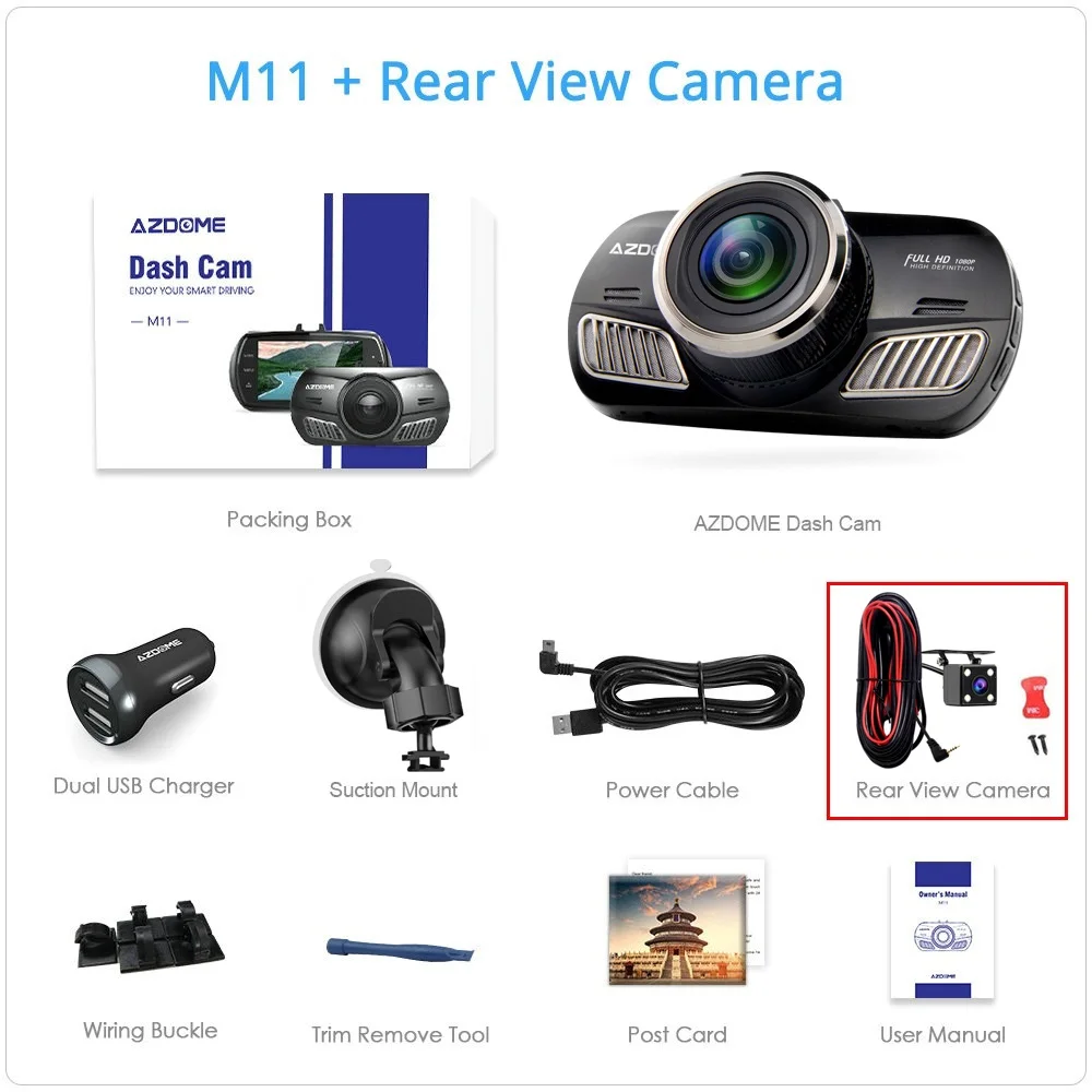 M11-RVC AZDOME M11 3 дюймов 2.5D ips Экран видеорегистратор с разрешением Full HD1080P автомобиля Камера DVR Двойной объектив Ночное видение 24 часа в сутки для парковочной системы регистратор авторегистратор видео регистратор - Название цвета: M11-RVC
