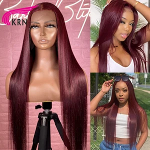 KRN Hair 99J, бордовый цвет, кружевные передние человеческие волосы, стандартные, предварительно выщипанные, 26 дюймов, прямые для женщин, бразильские волосы без повреждений