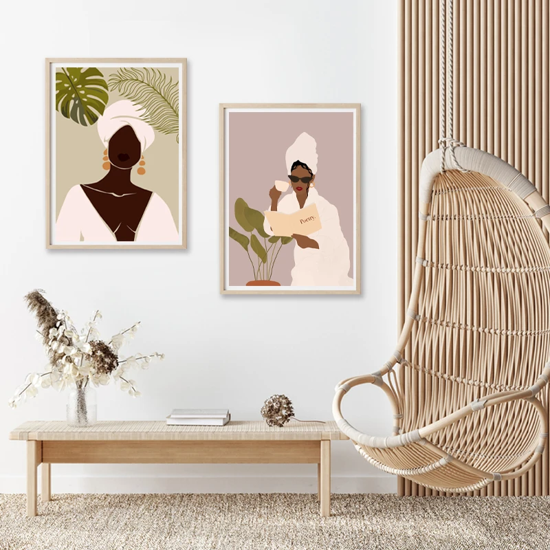 Модные печати искусства Afro Girl, постеры афроамериканских женщин, настенные картинки Boho, живопись растительности Nordic Canvas для декора гостиной.