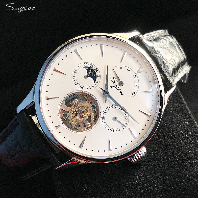 Мужские наручные часы Sugess оригинальные механические с кожаным ремешком