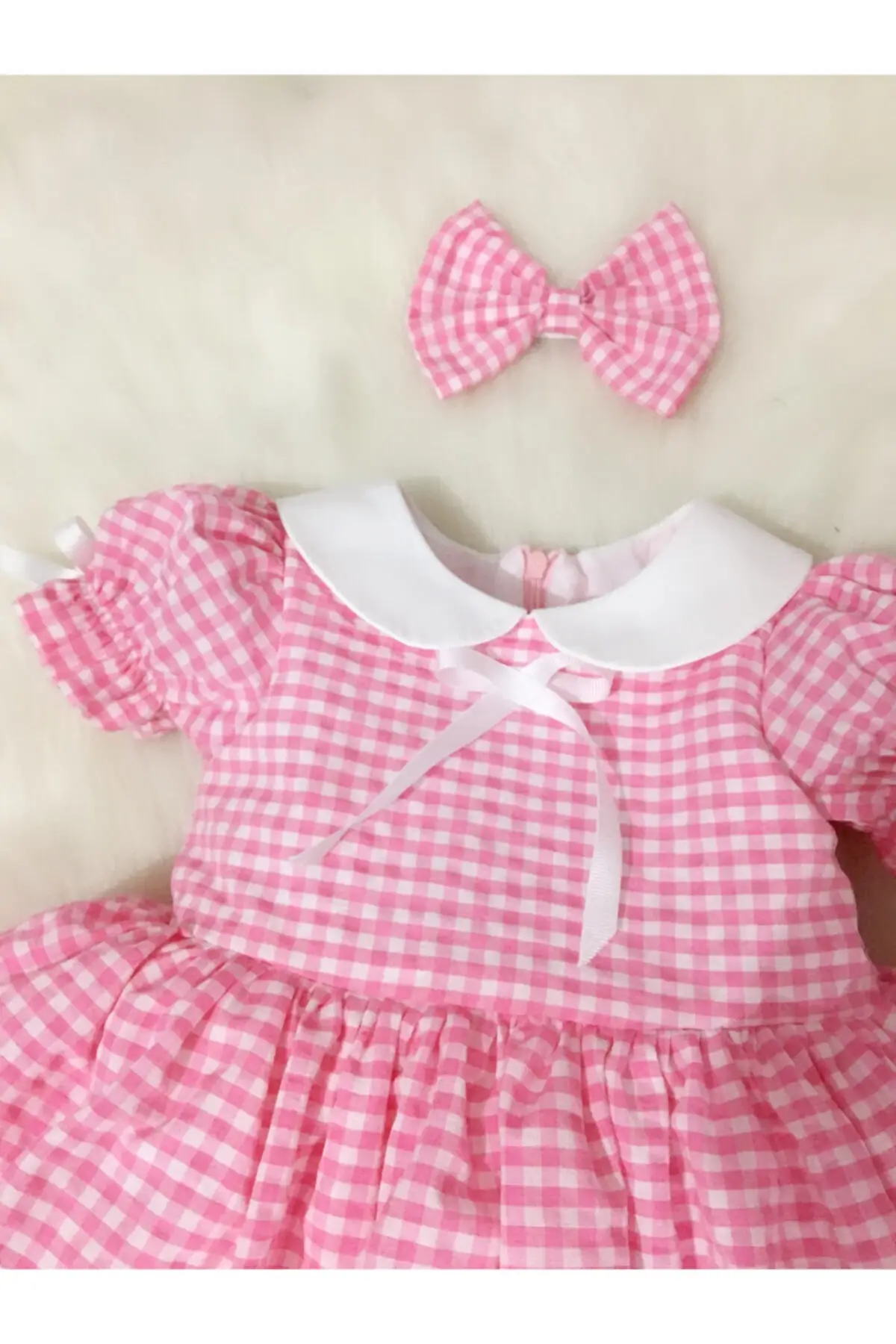 

Flaneur Baby Girl Short Sleeve Pink Plaid Dress With Hair Clip For Summer 2021 Special Occasion Premium Quality Cotton Lining