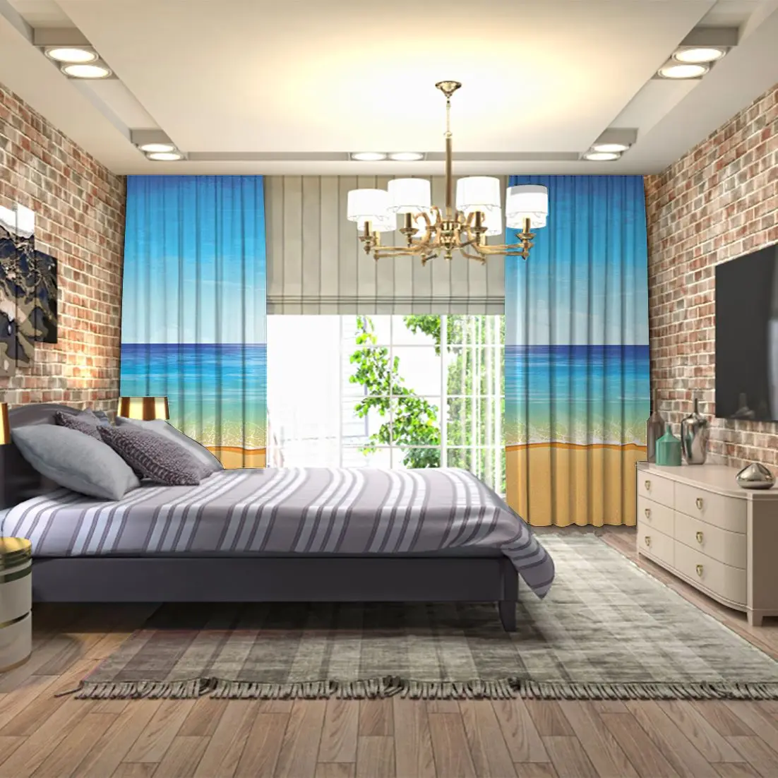 Занавес морской пейзаж Романтический песчаный спокойный пляж Солнечный день