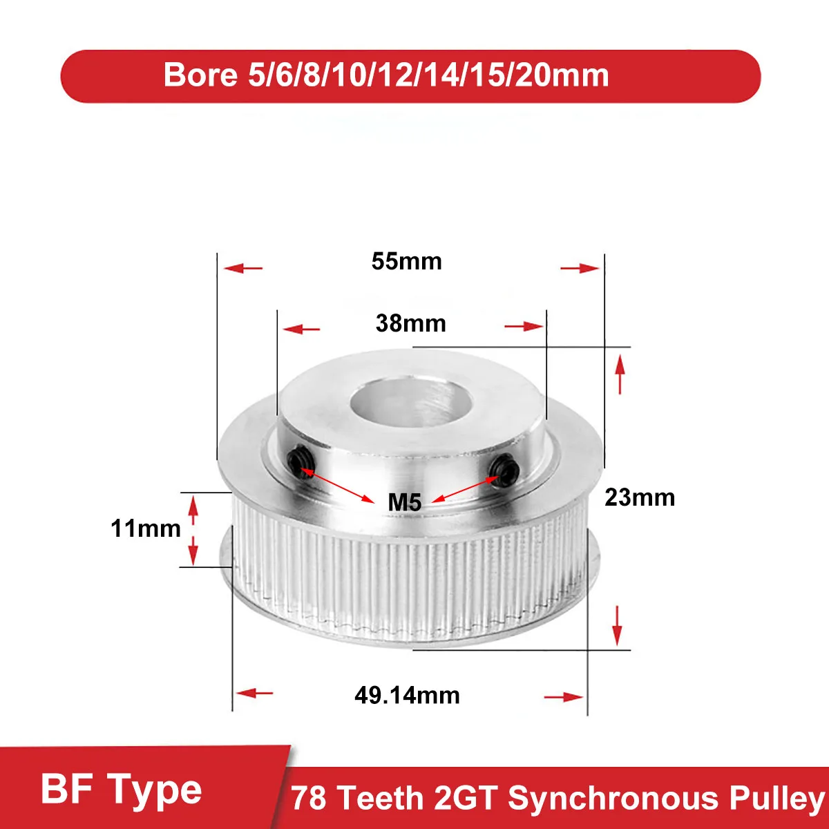 

BF Type 78 Teeth 2GT Synchronous Timing Pulley Bore 5mm - 20mm Aluminium Idler Pulley For 10mm Width 2GT Timing Belt