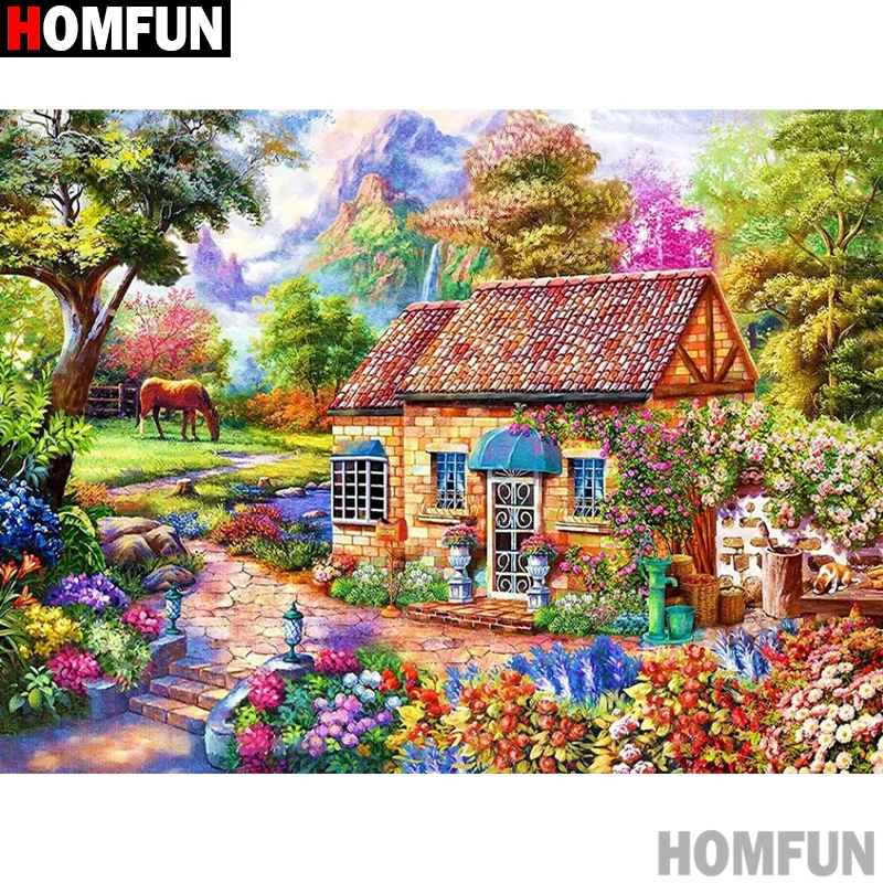 

HOMFUN 5D Diamond Painting Full Drill Diamond Embroidery "Scenery Town House Flower" Picture Of Rhinestone Handmade Home Decor
