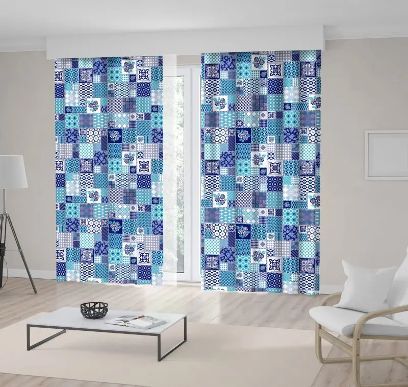 

Curtain Patchwork Pattern with Geometric and Flowers Dots Snowflakes Lace Vintage Boho Style Art Blue White