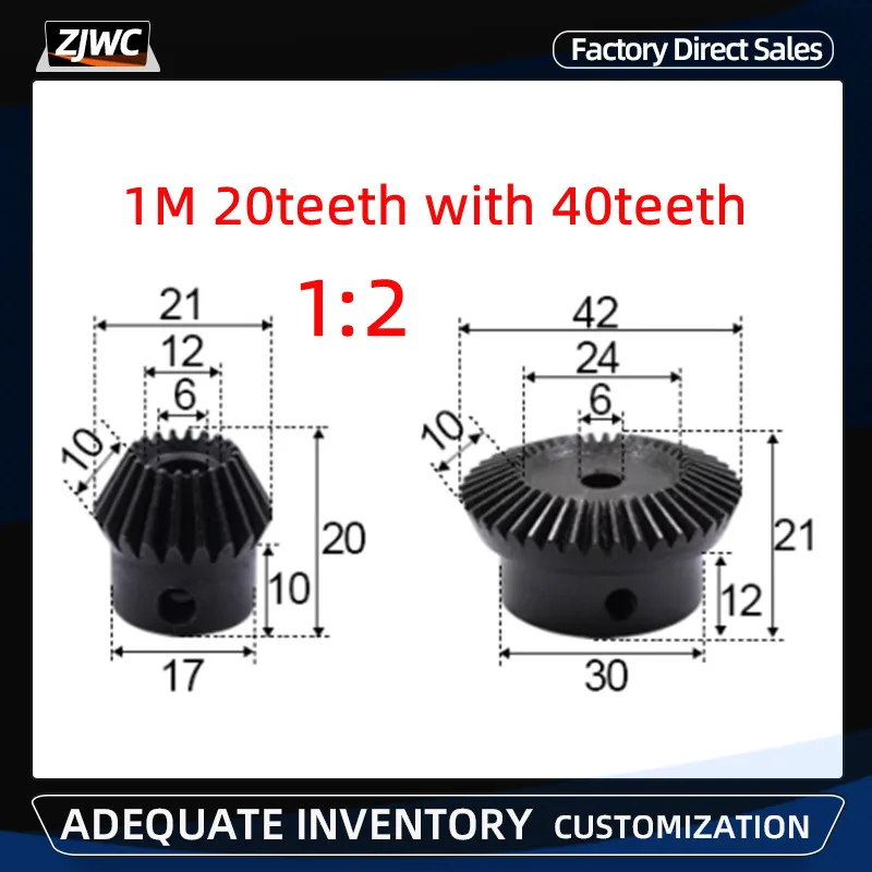 

2pcs 1:2 Bevel Gear 1 Modulus 20Teeth + 40teeth 90 Degree Drive Commutation Steel Gears Steel Gears