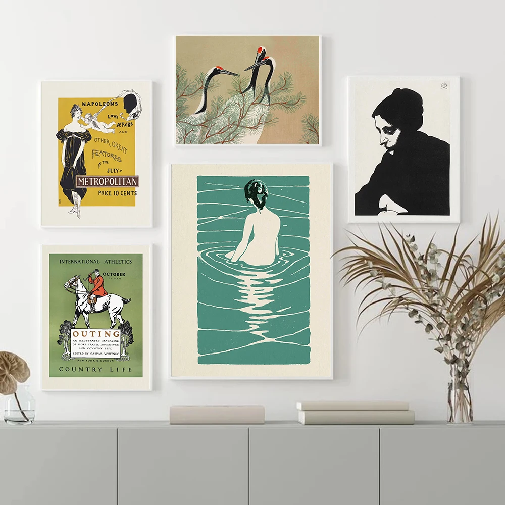 

Abstract Gallery Poster Vintage Japanese Canvas Painting Swim Girl Art Print Equestrian Wall Picture For Living Room Home Decor