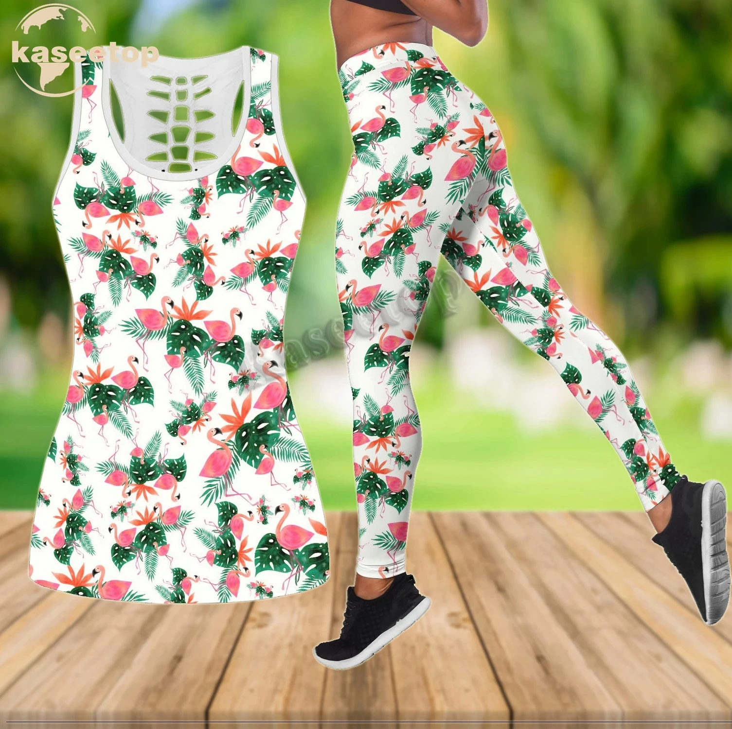 

Комплект для йоги из двух предметов Женский, ажурный жилет и леггинсы с 3D рисунком фламинго, розового и белого цветов, лето LK171
