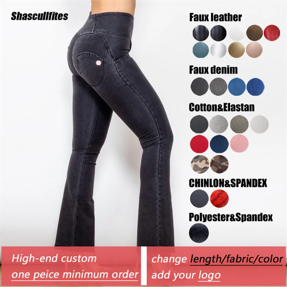 Shascullfites Tailored Full Length Flare Jeans Distressed Black Women's Korean Style Bell Bottom Denim Jean