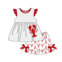summer girls clothes grey striped sleeveless top and crayfish print shorts red lobster embroidery pattern toddler girl outfits