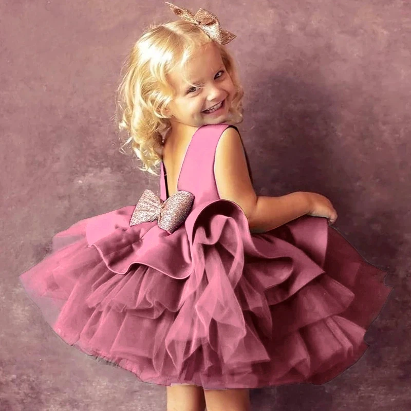 

2022 Big Bow Sequin Kids Party Dress for Girl Children Clothing Elegant Birthday Wedding Princess Dresses Christmas Gown Vestido