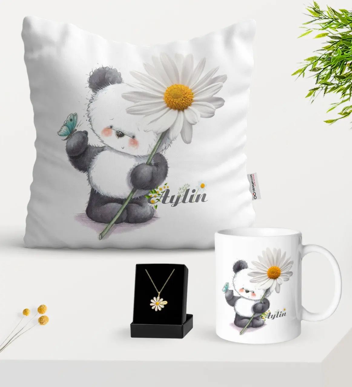 Personalized Daisy Themed Pillow Mug And Daisy Necklace Gift Seti-9